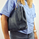 Oroton Navy Soft Pebble Leather Eyelet Gold Chain Tote Bag Size None by SwapUp-Online Second Hand Store-Online Thrift Store