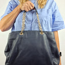 Oroton Navy Soft Pebble Leather Eyelet Gold Chain Tote Bag Size None by SwapUp-Online Second Hand Store-Online Thrift Store