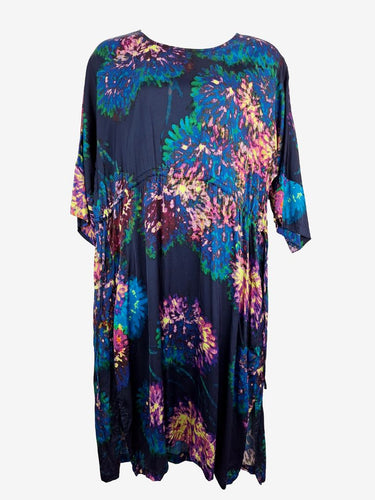 Elk Navy Satin Mottled Floral Midi Dress Size 20