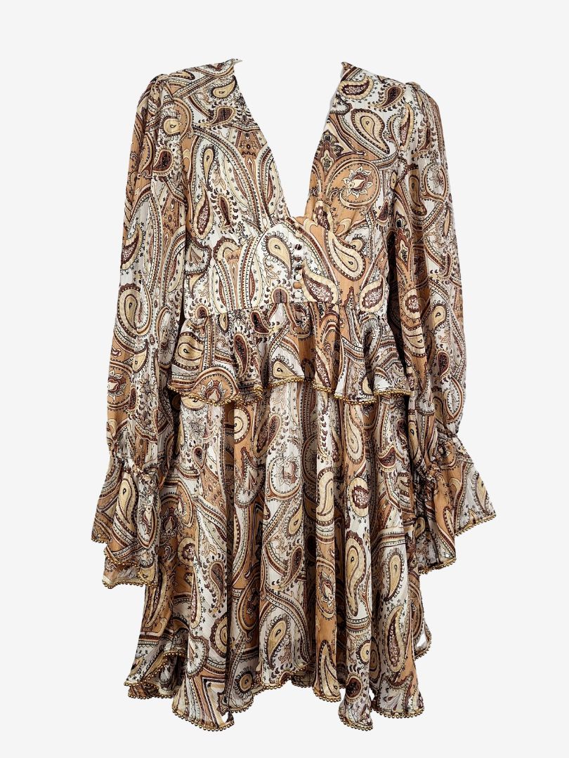 Second-Hand Shona Joy Brown Paisley Gold Beaded Mini Dress Size 8 – SwapUp