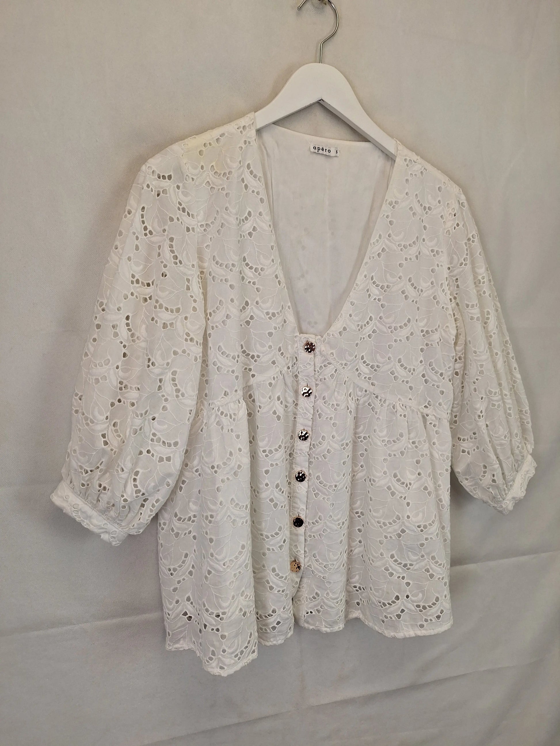 Apero Broderie Gathered Gold Dimpled Button Blouse Size S by SwapUp-Online Second Hand Store-Online Thrift Store