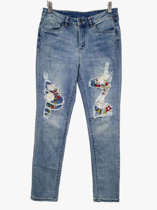 Joseph Ribkoff Beaded Floral Embroidery Denim Jeans Size 10 by SwapUp-Online Second Hand Store-Online Thrift Store