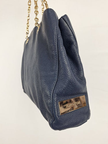 Oroton Navy Soft Pebble Leather Eyelet Gold Chain Tote Bag Size None by SwapUp-Online Second Hand Store-Online Thrift Store