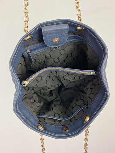 Oroton Navy Soft Pebble Leather Eyelet Gold Chain Tote Bag Size None by SwapUp-Online Second Hand Store-Online Thrift Store