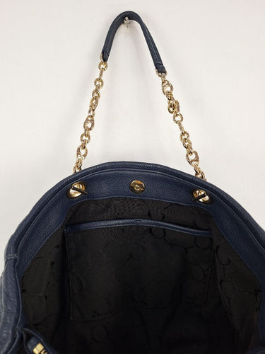 Oroton Navy Soft Pebble Leather Eyelet Gold Chain Tote Bag Size None by SwapUp-Online Second Hand Store-Online Thrift Store