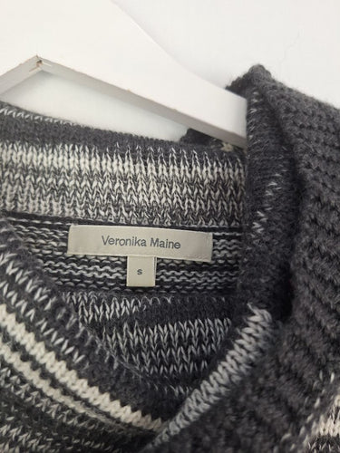 Second-Hand - Veronika Maine Grey Wool Blend Stripe Roll Neck Knit Jumper Size S - SwapUp