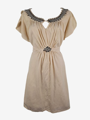 Second-Hand Kachel Cream Silk Beaded Flowy Sleeve Mini Dress Size 10 SwapUp Second-Hand Kachel Cream Silk Beaded Flowy Sleeve Mini Dress Size 10 SwapUp