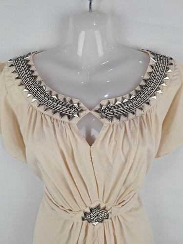 Second-Hand - Kachel Cream Silk Beaded Flowy Sleeve Mini Dress Size 10 - SwapUp