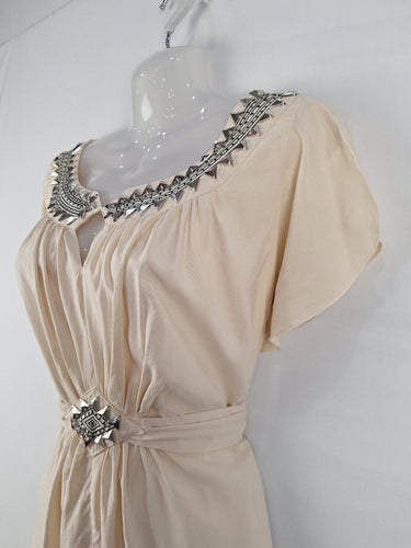 Second-Hand - Kachel Cream Silk Beaded Flowy Sleeve Mini Dress Size 10 - SwapUp