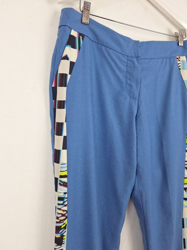 Second-Hand - Lisa Ho Blue Pure Wool and Silk Side Graphic Pants Size 10 - SwapUp