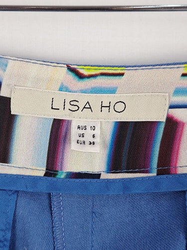 Second-Hand - Lisa Ho Blue Pure Wool and Silk Side Graphic Pants Size 10 - SwapUp