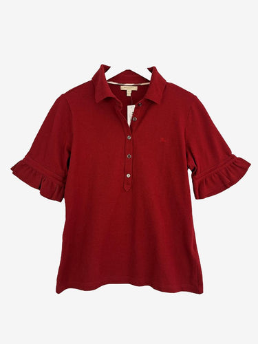 Burberry Maroon Frill Sleeve Polo Top Size L