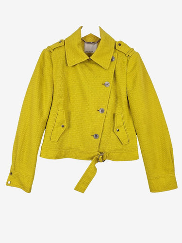 Karen Millen Casual Mustard-Lime Textured Cropped Biker Jacket Size 14