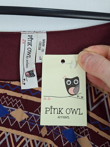 Second-Hand - Pink Owl Geometric Maroon Bow Mini Dress Size L - SwapUp