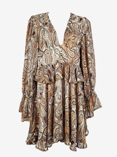 Second-Hand Shona Joy Brown Paisley Gold Beaded Mini Dress Size 8 – SwapUp