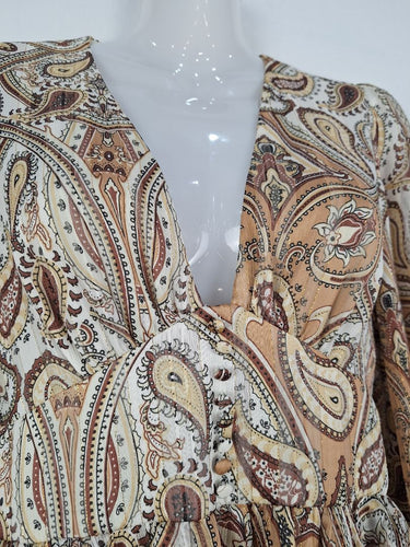 Second-Hand - Shona Joy Brown Paisley Gold Beaded Mini Dress Size 8 - SwapUp