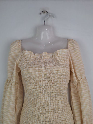 Second-Hand - SNDYS Peach Shirred Gingham Dress Size M - SwapUp