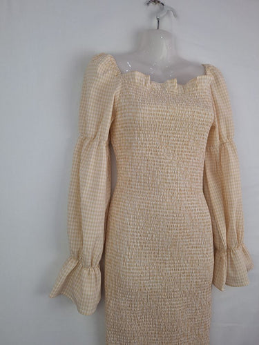 Second-Hand - SNDYS Peach Shirred Gingham Dress Size M - SwapUp