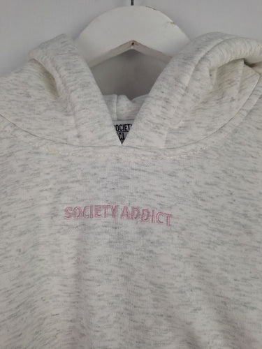Second-Hand - Society Addict Heather Grey Pink Logo Cropped Hood Jumper Size M - SwapUp
