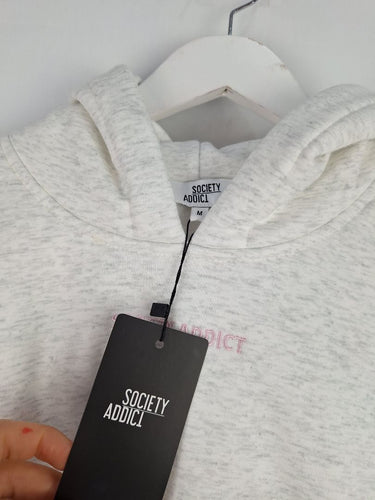 Second-Hand - Society Addict Heather Grey Pink Logo Cropped Hood Jumper Size M - SwapUp