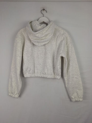 Second-Hand - Society Addict Heather Grey Pink Logo Cropped Hood Jumper Size M - SwapUp
