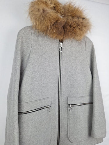 Second-Hand - Maje Wool Blend Fur Hood Zip Coat Size S - SwapUp