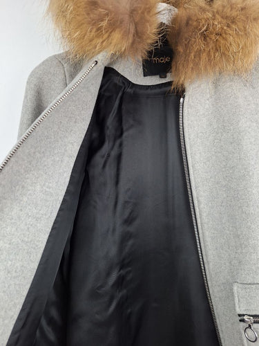Second-Hand - Maje Wool Blend Fur Hood Zip Coat Size S - SwapUp