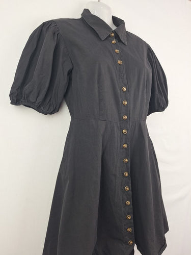 Second-Hand - Atmos & Here Black Puff Sleeve Button Up Mini Dress Size 8 - SwapUp