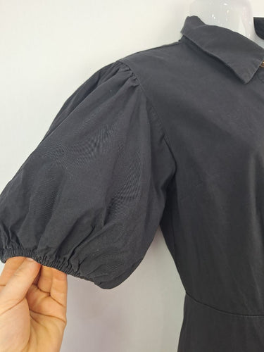 Second-Hand - Atmos & Here Black Puff Sleeve Button Up Mini Dress Size 8 - SwapUp