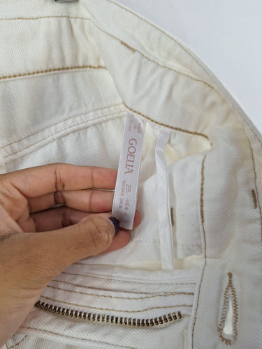 Second-Hand - GOELIA Cream Panelled Contrast Stitch Jeans Size 8 - SwapUp