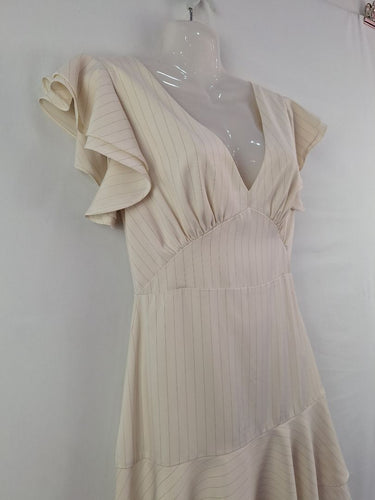 Second-Hand - Finders Cream Pinstripe Flutter Sleeve Dress Size S - SwapUp