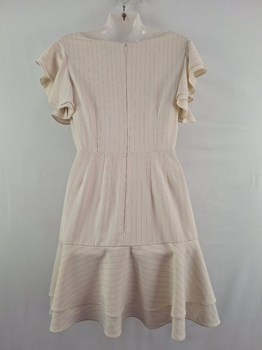 Second-Hand - Finders Cream Pinstripe Flutter Sleeve Dress Size S - SwapUp