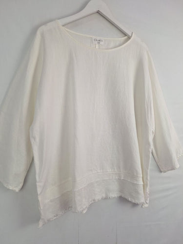 Second-Hand - Cali&Co Crisp Linen Blend Layered Raw Edge Top Size S - SwapUp
