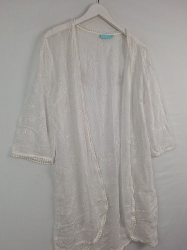 Second-Hand - Blue Illusion Sheer Leafy Beach Kimono Size M - SwapUp