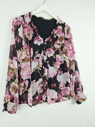Second-Hand - Liz Jordan Seer Floral Blouse with Ruffled Neck Line Size 8 - SwapUp