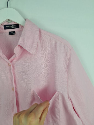 Second-Hand - Yarra Trail Sherbet Pink Boxy Linen Shirt Size 12 - SwapUp
