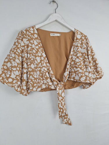 Second-Hand - The Fated Caramel Leafy Puff Sleeve Wrap Top Size 10 - SwapUp