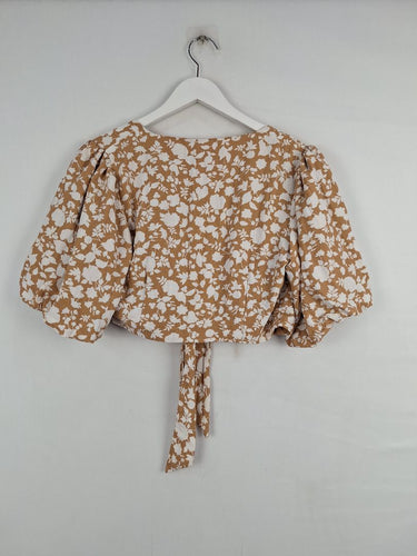 Second-Hand - The Fated Caramel Leafy Puff Sleeve Wrap Top Size 10 - SwapUp
