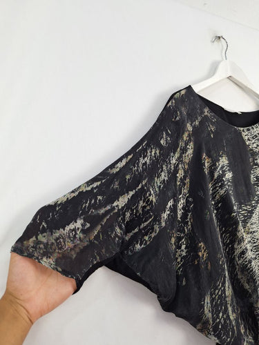 Second-Hand - Morrison Grey Graphic Dolman Sleeve Silk Top Size S - SwapUp
