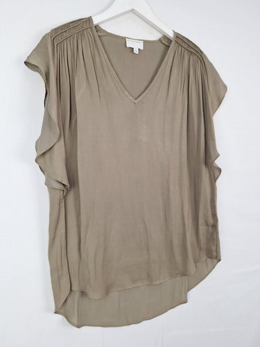 Second-Hand - Witchery Taupe Fluttery Gathered Shoulder Top Size 8 - SwapUp
