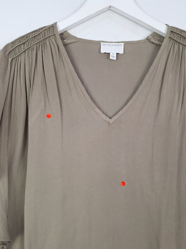 Second-Hand - Witchery Taupe Fluttery Gathered Shoulder Top Size 8 - SwapUp