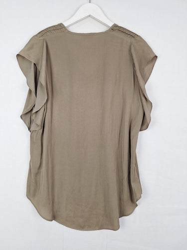 Second-Hand - Witchery Taupe Fluttery Gathered Shoulder Top Size 8 - SwapUp