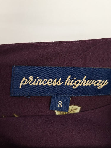 Second-Hand - Princess Highway Dark Plum Floral Belted Dress Size 8 - SwapUp