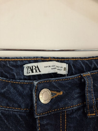 Second-Hand - Zara Dark Wash With Contrast Stitching Straight Leg Jeans Size 8 - SwapUp