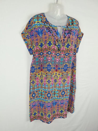 Second-Hand - Blue Illusion Bright Aztec Silk Beaded Midi Dress Size S - SwapUp