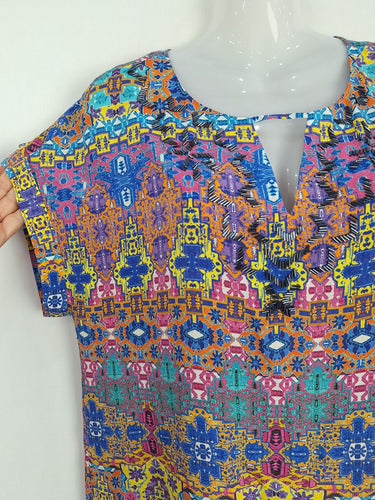 Second-Hand - Blue Illusion Bright Aztec Silk Beaded Midi Dress Size S - SwapUp