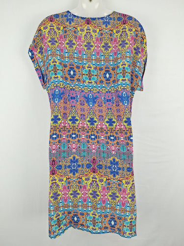 Second-Hand - Blue Illusion Bright Aztec Silk Beaded Midi Dress Size S - SwapUp
