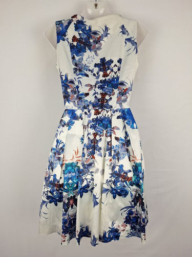 Second-Hand - Cue Blue Floral Satin Zip Front Dress Size 8 - SwapUp