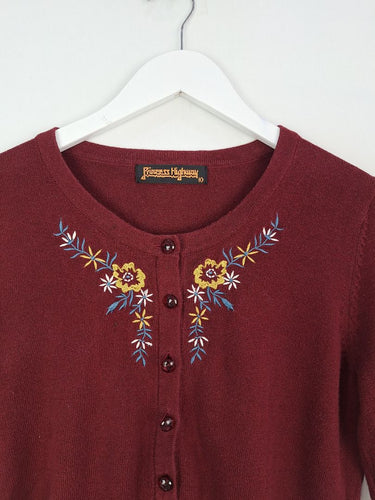 Second-Hand - Princess Highway Flower Embroidered Maroon Cardigan Size 10 - SwapUp