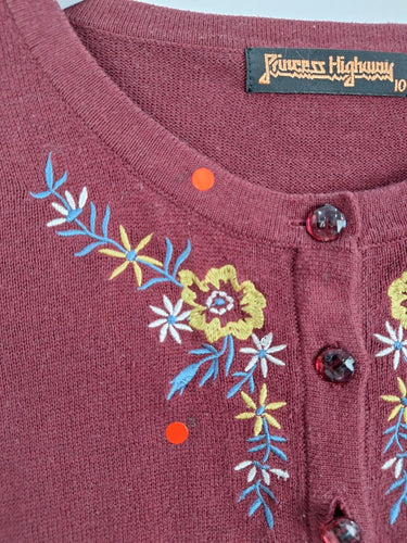 Second-Hand - Princess Highway Flower Embroidered Maroon Cardigan Size 10 - SwapUp